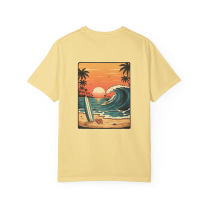 Sunset Surf Scene T-shirt | Retro Beach Wave Illustration