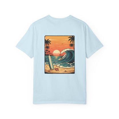Sunset Surf Scene T-shirt | Retro Beach Wave Illustration