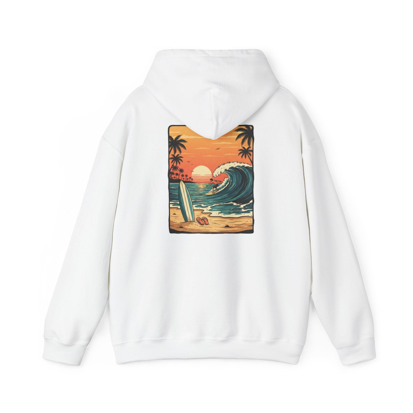 Sunset Surf Scene Hoodie | Retro Beach Wave Surfboard Palm Trees