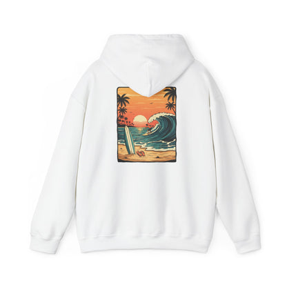 Sunset Surf Scene Hoodie | Retro Beach Wave Surfboard Palm Trees