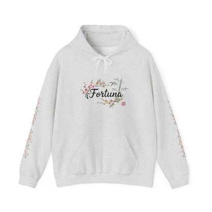 Fortuna hoodie | botanical lettering, sleeve florals