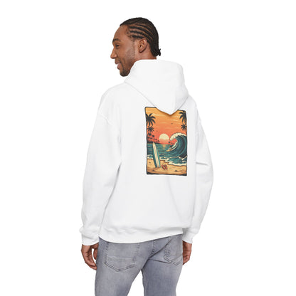 Sunset Surf Scene Hoodie | Retro Beach Wave Surfboard Palm Trees