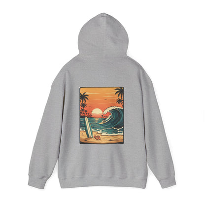 Retro Sunset Surf Scene Hoodie | Beach Wave Palm Trees