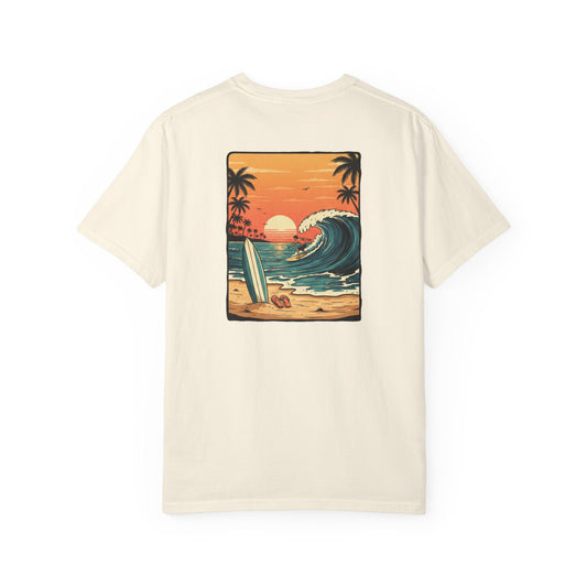 Sunset Surf Scene T-shirt | Retro Beach Wave Illustration