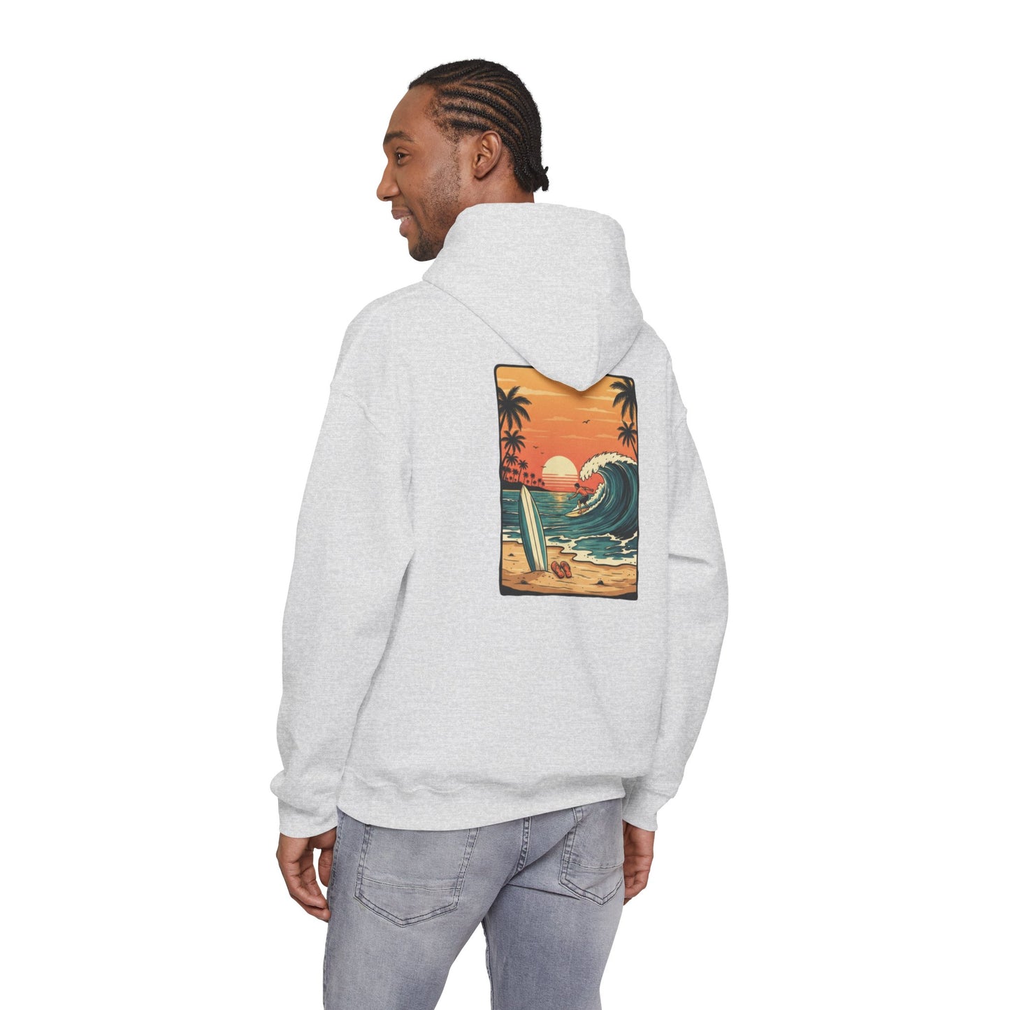 Sunset Surf Scene Hoodie | Retro Beach Wave Surfboard Palm Trees