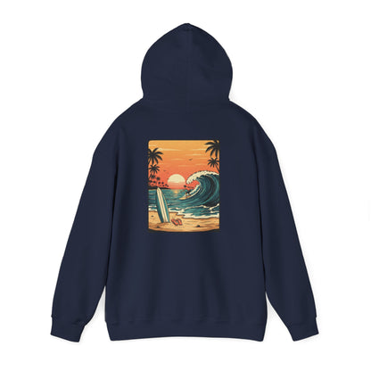 Retro Sunset Surf Scene Hoodie | Beach Wave Palm Trees