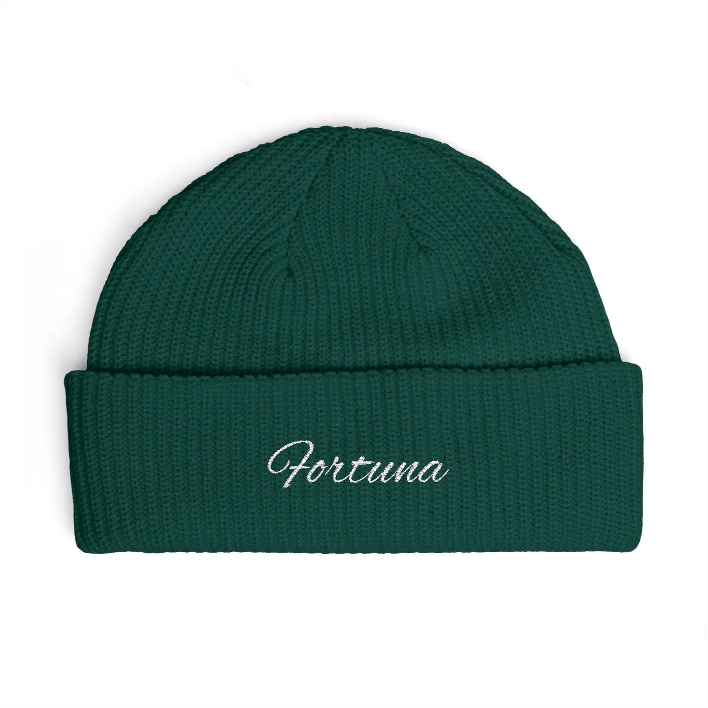 Fortuna Script Cuff Beanie | Embroidered Knit Hat