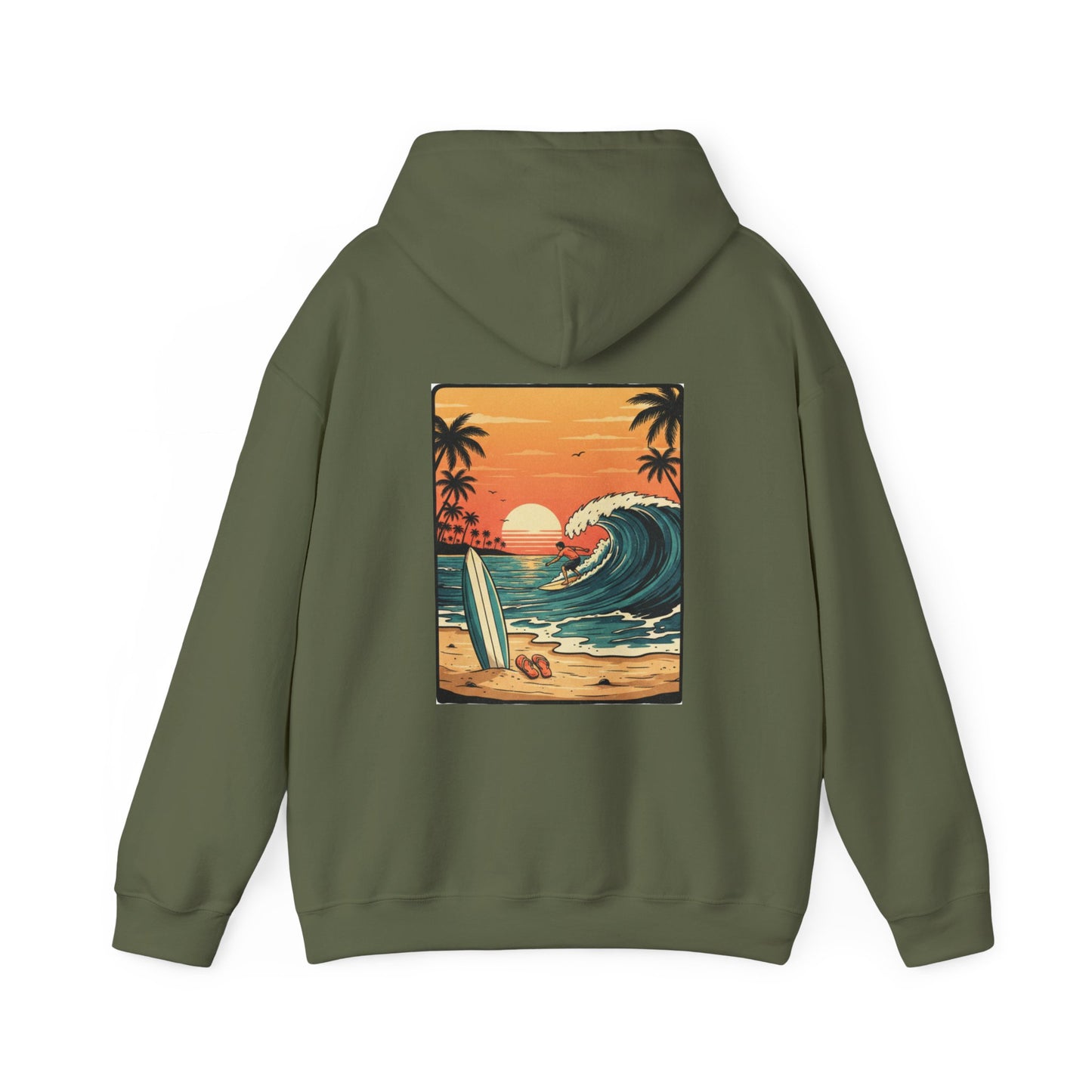 Retro Sunset Surf Scene Hoodie | Beach Wave Palm Trees