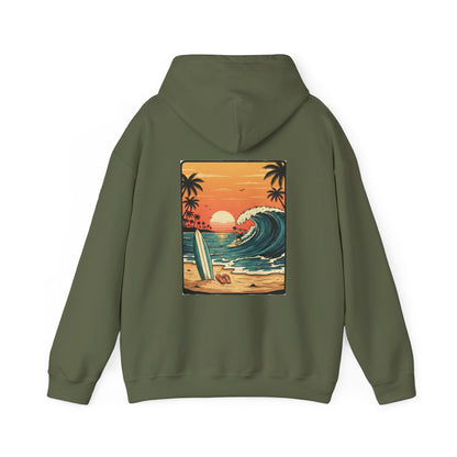 Retro Sunset Surf Scene Hoodie | Beach Wave Palm Trees