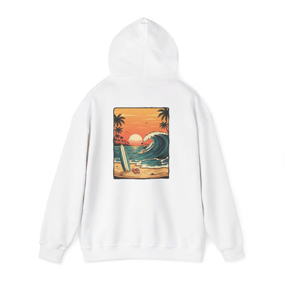Sunset Surf Scene Hoodie | Retro Beach Wave Surfboard Palm Trees