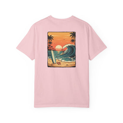 Sunset Surf Scene T-shirt | Retro Beach Wave Illustration