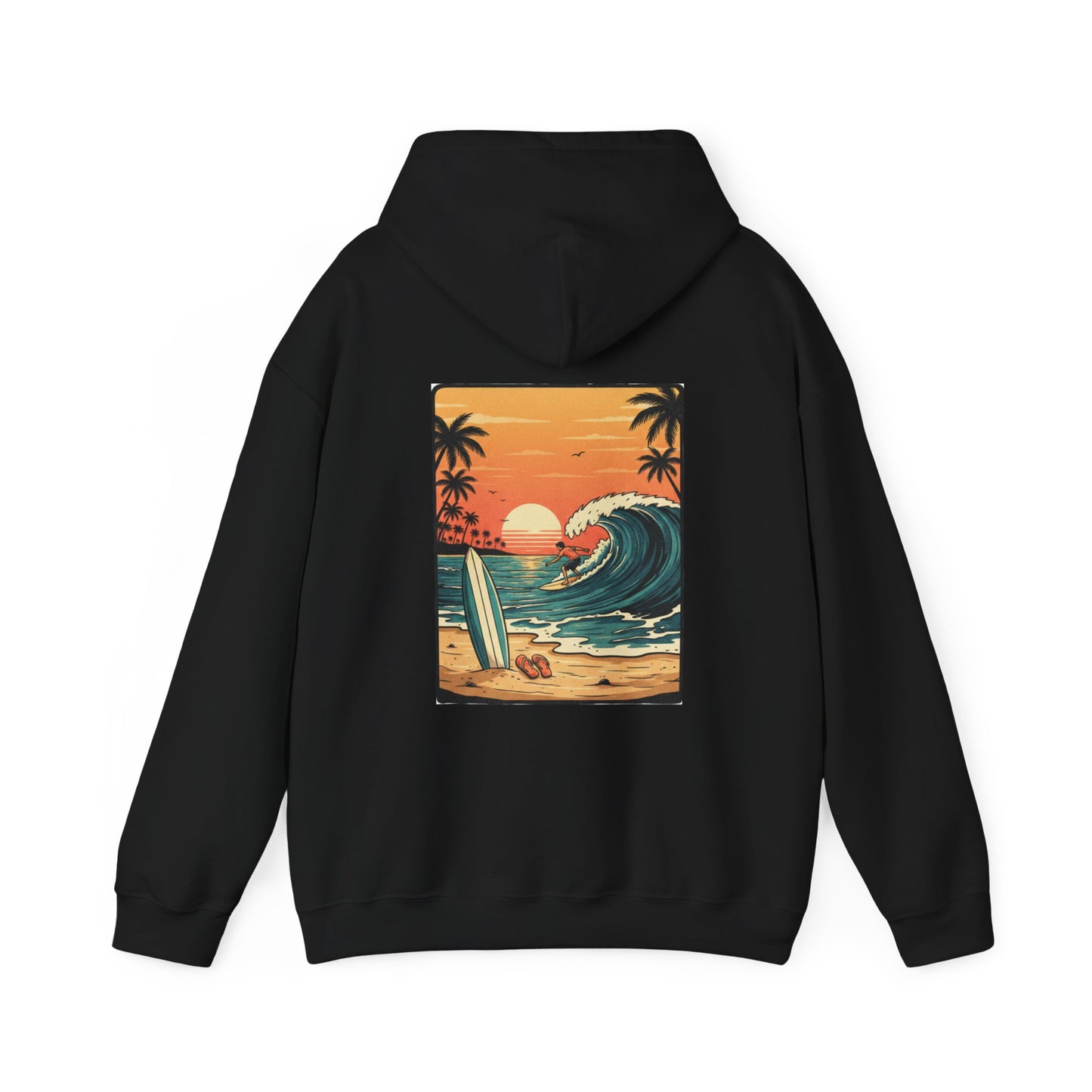 Retro Sunset Surf Scene Hoodie | Beach Wave Palm Trees