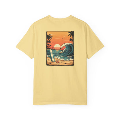Sunset Surf Scene T-shirt | Retro Beach Wave Illustration