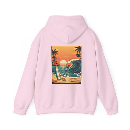Sunset Surf Scene Hoodie | Retro Beach Wave Surfboard Palm Trees