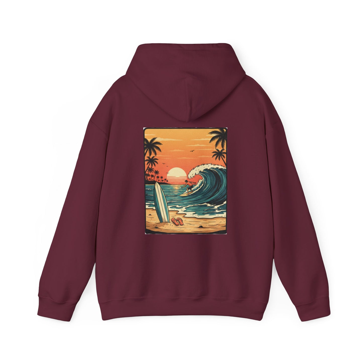 Retro Sunset Surf Scene Hoodie | Beach Wave Palm Trees