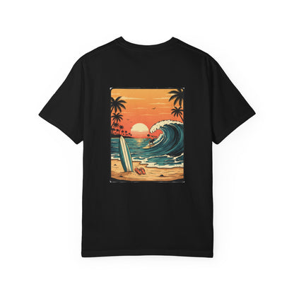 Sunset Surf Scene T-Shirt | Beach Wave Surfboard Tee