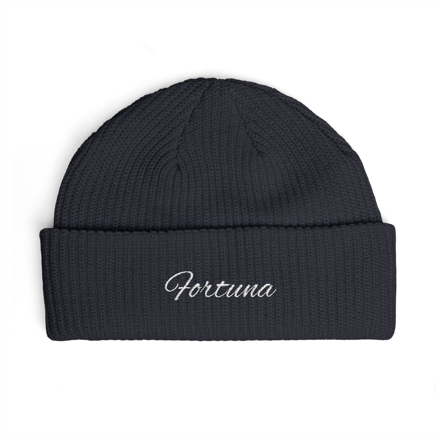 Fortuna Script Cuff Beanie | Embroidered Knit Hat