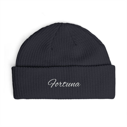 Fortuna Script Cuff Beanie | Embroidered Knit Hat