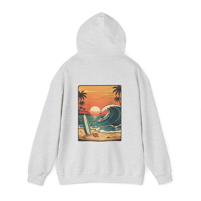 Sunset Surf Scene Hoodie | Retro Beach Wave Surfboard Palm Trees