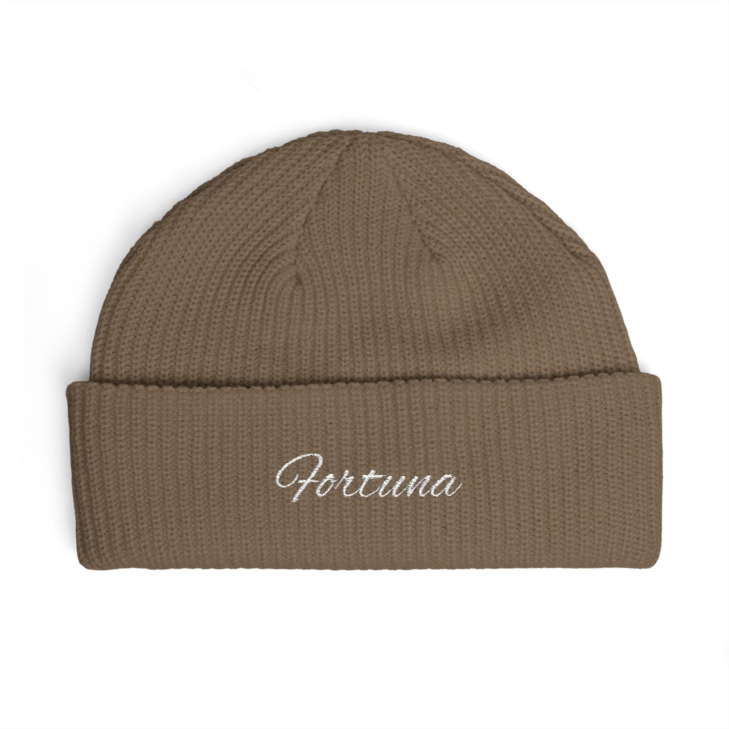 Fortuna Script Cuff Beanie | Embroidered Knit Hat