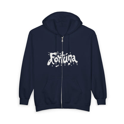 Fortuna Drip Zip Hoodie — Liquid Script Full-Zip Hoodie