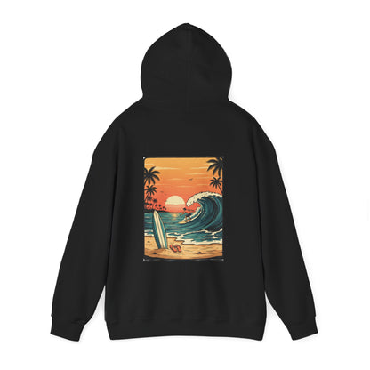 Retro Sunset Surf Scene Hoodie | Beach Wave Palm Trees