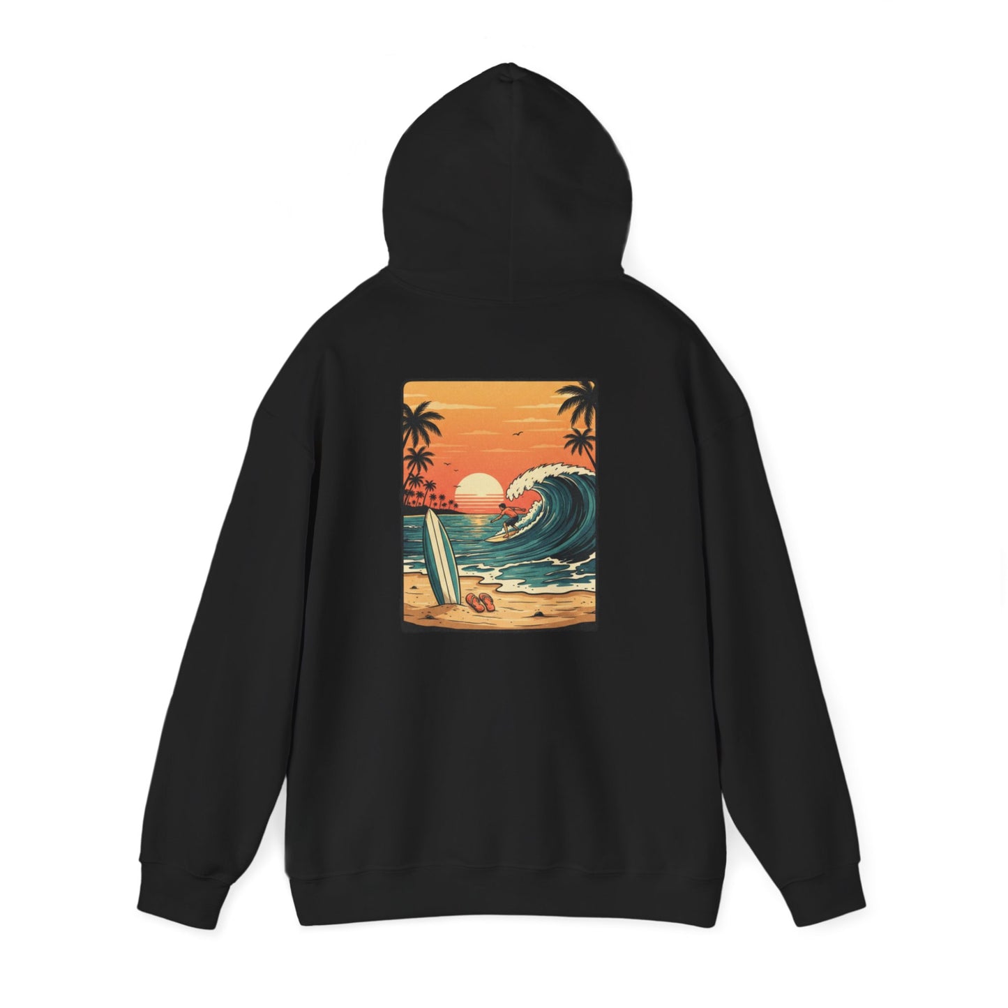 Retro Sunset Surf Scene Hoodie | Beach Wave Palm Trees