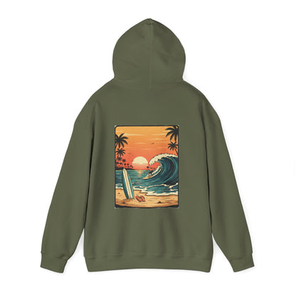 Retro Sunset Surf Scene Hoodie | Beach Wave Palm Trees