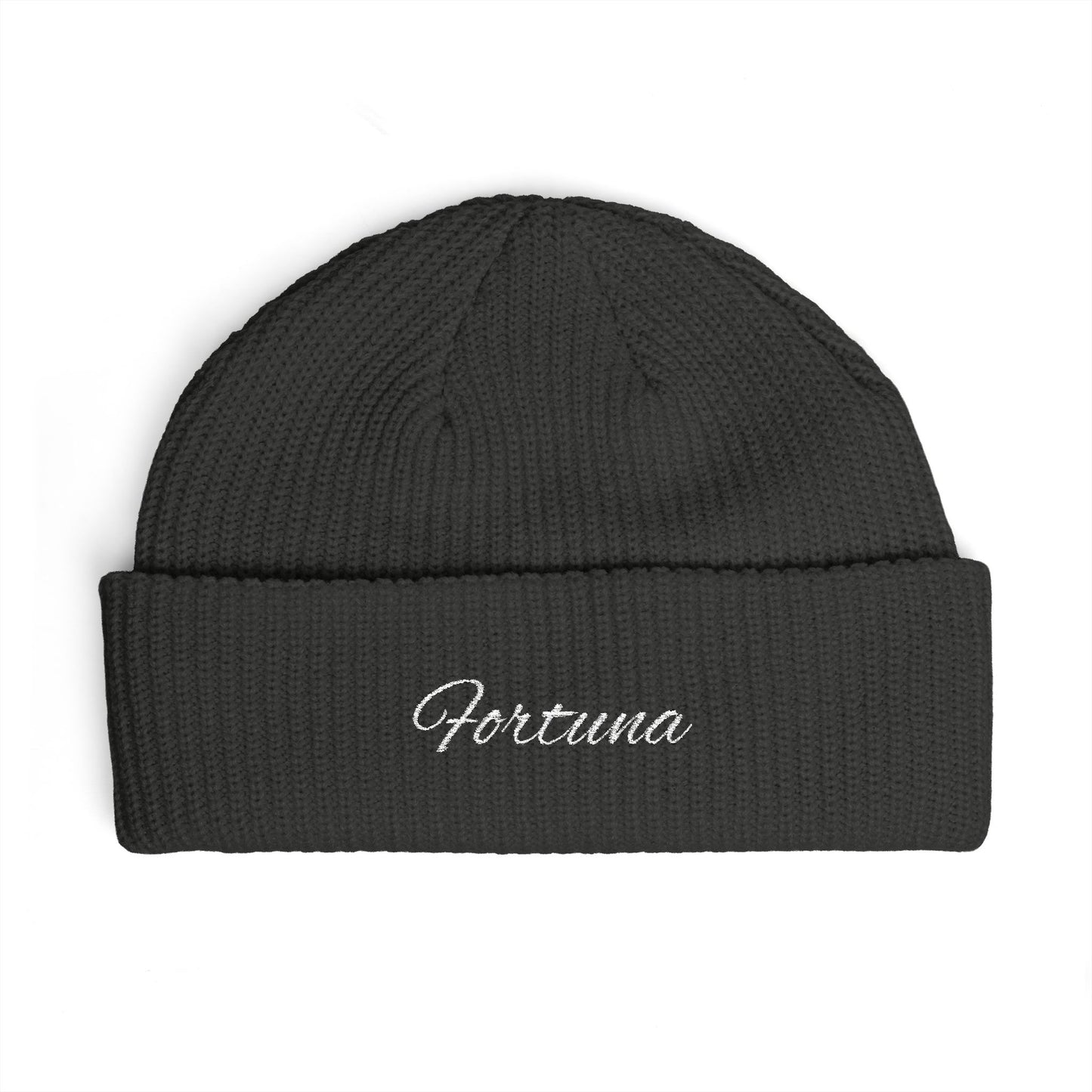 Fortuna Script Cuff Beanie | Embroidered Knit Hat