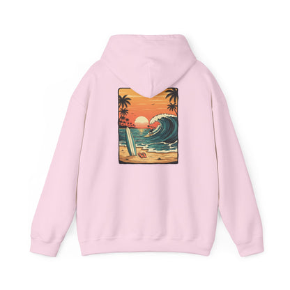 Sunset Surf Scene Hoodie | Retro Beach Wave Surfboard Palm Trees