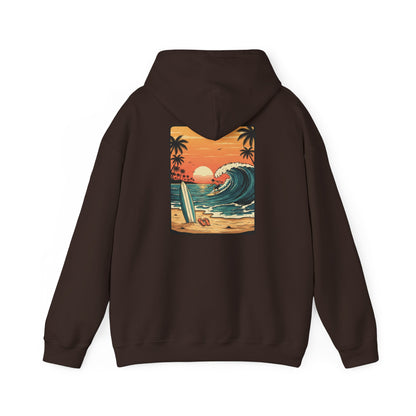 Retro Sunset Surf Scene Hoodie | Beach Wave Palm Trees