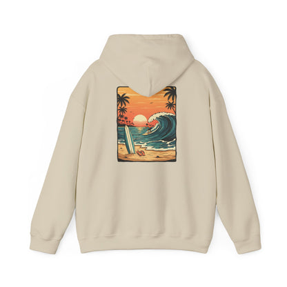 Retro Sunset Surf Scene Hoodie | Beach Wave Palm Trees