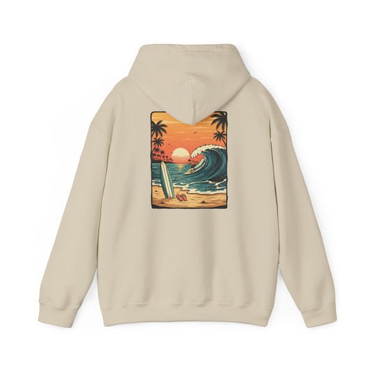 Retro Sunset Surf Scene Hoodie | Beach Wave Palm Trees