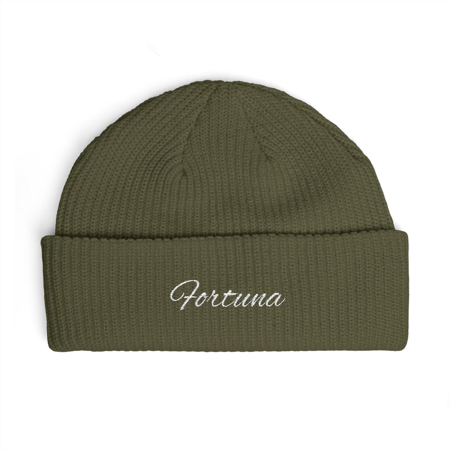 Fortuna Script Cuff Beanie | Embroidered Knit Hat