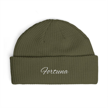 Fortuna Script Cuff Beanie | Embroidered Knit Hat