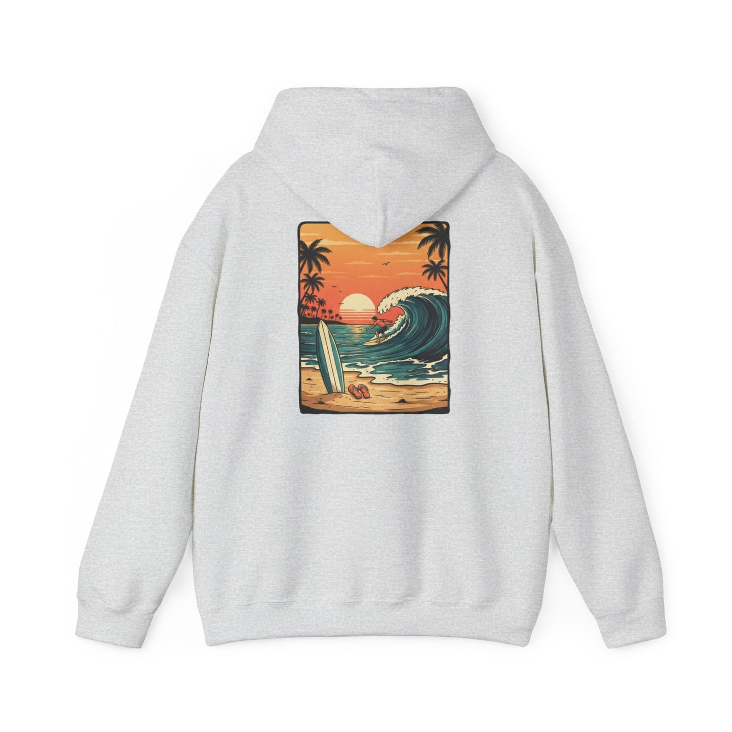 Sunset Surf Scene Hoodie | Retro Beach Wave Surfboard Palm Trees