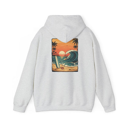 Sunset Surf Scene Hoodie | Retro Beach Wave Surfboard Palm Trees