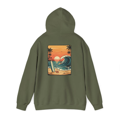 Retro Sunset Surf Scene Hoodie | Beach Wave Palm Trees