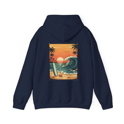 Retro Sunset Surf Scene Hoodie | Beach Wave Palm Trees