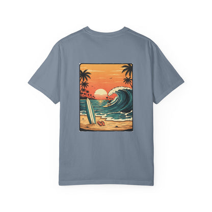 Sunset Surf Scene T-Shirt | Beach Wave Surfboard Tee