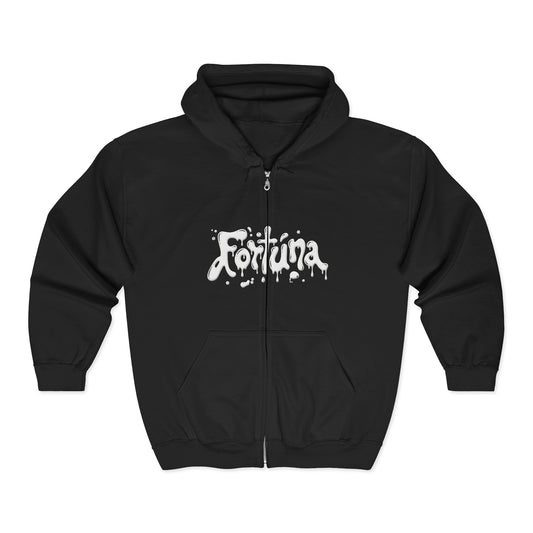 Fortuna Drip Zip Hoodie — Liquid Script Full-Zip Hoodie