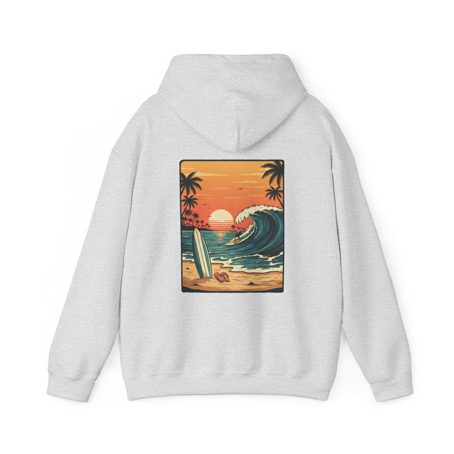 Sunset Surf Scene Hoodie | Retro Beach Wave Surfboard Palm Trees