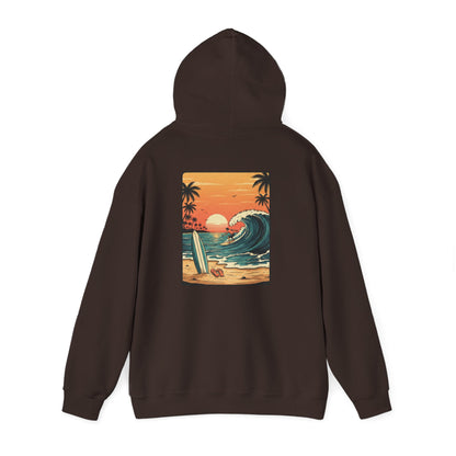 Retro Sunset Surf Scene Hoodie | Beach Wave Palm Trees