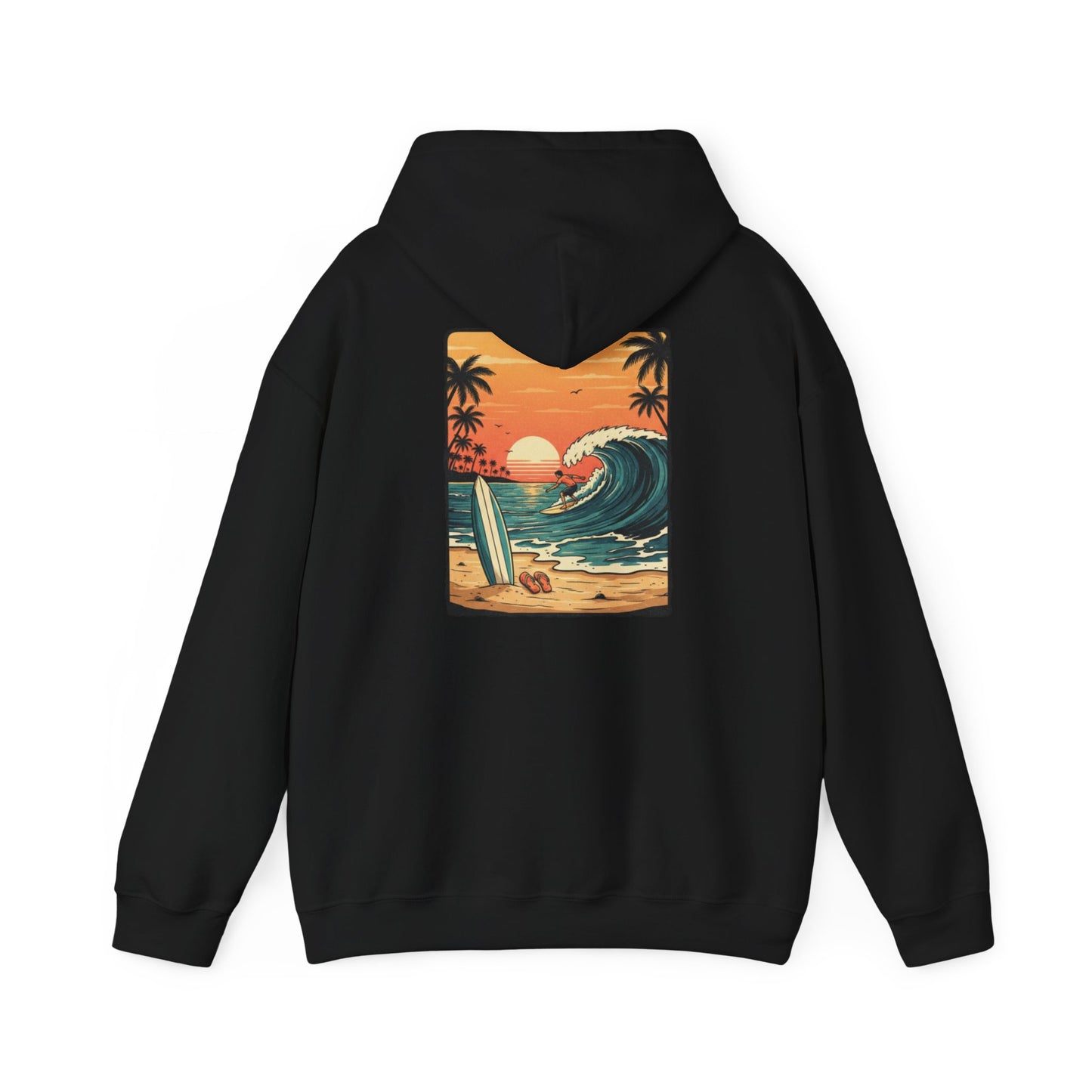 Retro Sunset Surf Scene Hoodie | Beach Wave Palm Trees