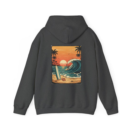 Retro Sunset Surf Scene Hoodie | Beach Wave Palm Trees