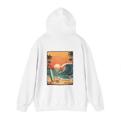 Sunset Surf Scene Hoodie | Retro Beach Wave Surfboard Palm Trees