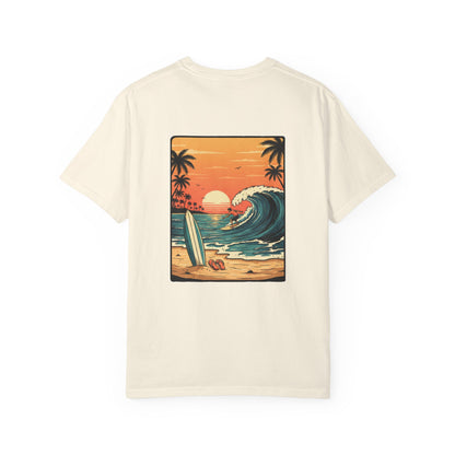 Sunset Surf Scene T-shirt | Retro Beach Wave Illustration