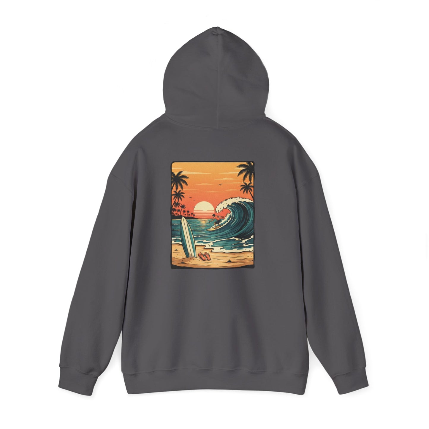 Retro Sunset Surf Scene Hoodie | Beach Wave Palm Trees
