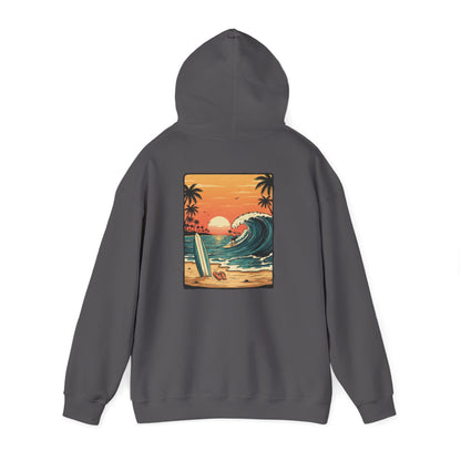 Retro Sunset Surf Scene Hoodie | Beach Wave Palm Trees