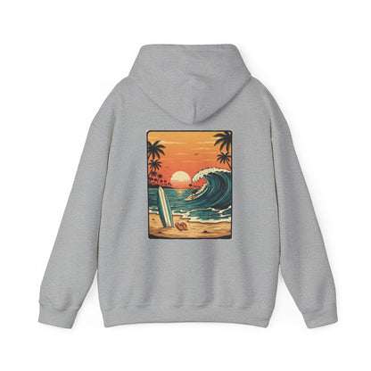 Retro Sunset Surf Scene Hoodie | Beach Wave Palm Trees